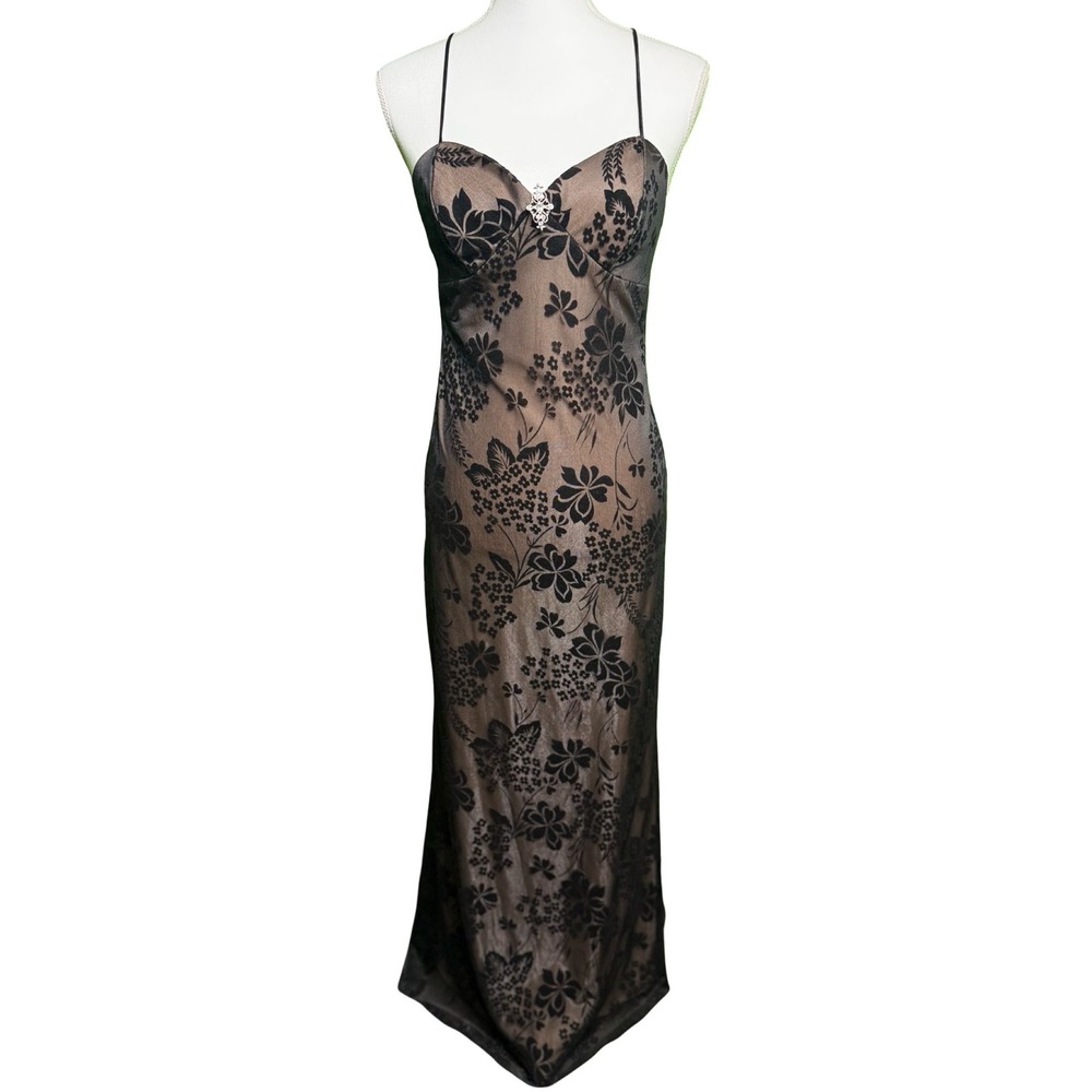 Vintage Y2K Flocked Floral Maxi Dress Spaghetti Strap Formal Evening‎ USA 3 4